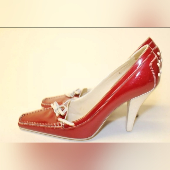 Tod's Womens Leather Square Toe Italy High Heeled Boat Shoes red 6 - Picture 6 of 16
